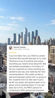 ✨ This is the kind of review that makes my heart so happy!Thank you for making the time to submit this, Kenzie. You are so incredibly sweet! ❤️Being called the best part of your trip absolutely made my day! 🥰 I had such a blast helping you and your group experience NYC, and getting to know all of you along the way.I can’t wait for our next adventure together… hurry up and come back! ✨🤗Ready to make your NYC trip one you’ll be talking about long after you leave? DM Just Ask Christine and let’s start planning your adventure! ❤️#nyctours #newyorkcityguide #nyctodo #clienttestimonials #nyctourguide