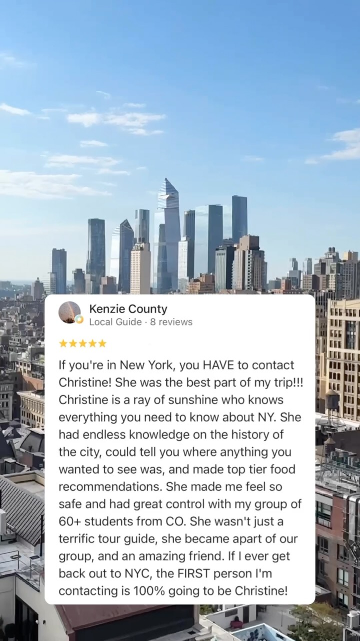 ✨ This is the kind of review that makes my heart so happy!Thank you for making the time to submit this, Kenzie. You are so incredibly sweet! ❤️Being called the best part of your trip absolutely made my day! 🥰 I had such a blast helping you and your group experience NYC, and getting to know all of you along the way.I can’t wait for our next adventure together… hurry up and come back! ✨🤗Ready to make your NYC trip one you’ll be talking about long after you leave? DM Just Ask Christine and let’s start planning your adventure! ❤️#nyctours #newyorkcityguide #nyctodo #clienttestimonials #nyctourguide