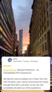 ⭐️ Nothing makes me happier than hearing that a client’s NYC experience was unforgettable! ❤️

From the beauty of Central Park to the hidden corners only a New Yorker knows, Just Ask Christine is about more than sightseeing. It’s about experiencing NYC through a local’s eyes, discovering places you might never find on your own, and feeling like you’re exploring the city with an old friend. ❤️

Thank you, Kim, for this wonderful review 🙏🏻 Looking forward to our next NYC adventure together! 

Planning a trip to NYC? Let’s make it memorable💓

#clienttestimonial #NYCTours #NewYorkCity #NYCTravel #PersonalizedTravel